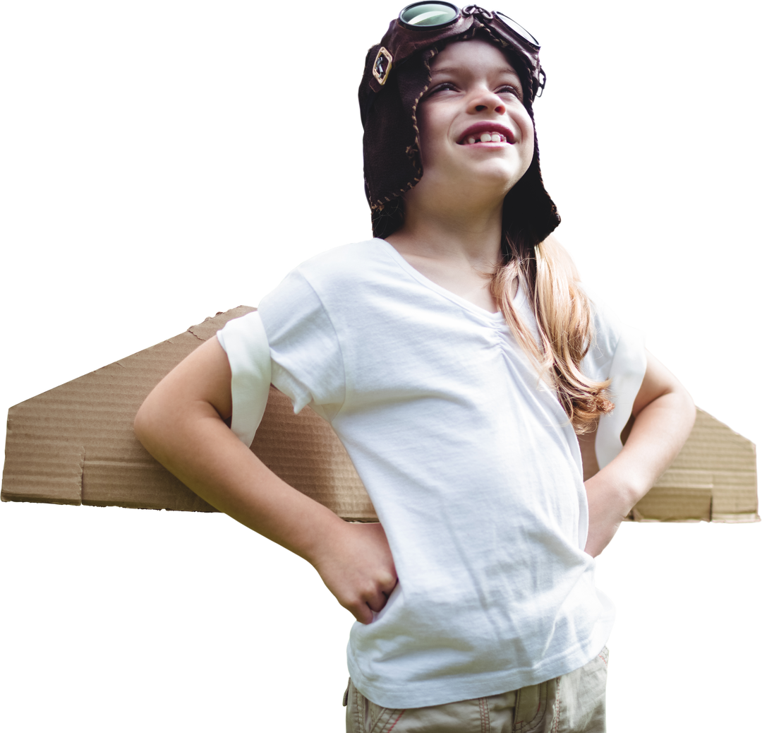 Happy Girl with Cardboard Wings and Flying Goggles Imagining Flight Transparent Background - Download Free Stock Images Pikwizard.com