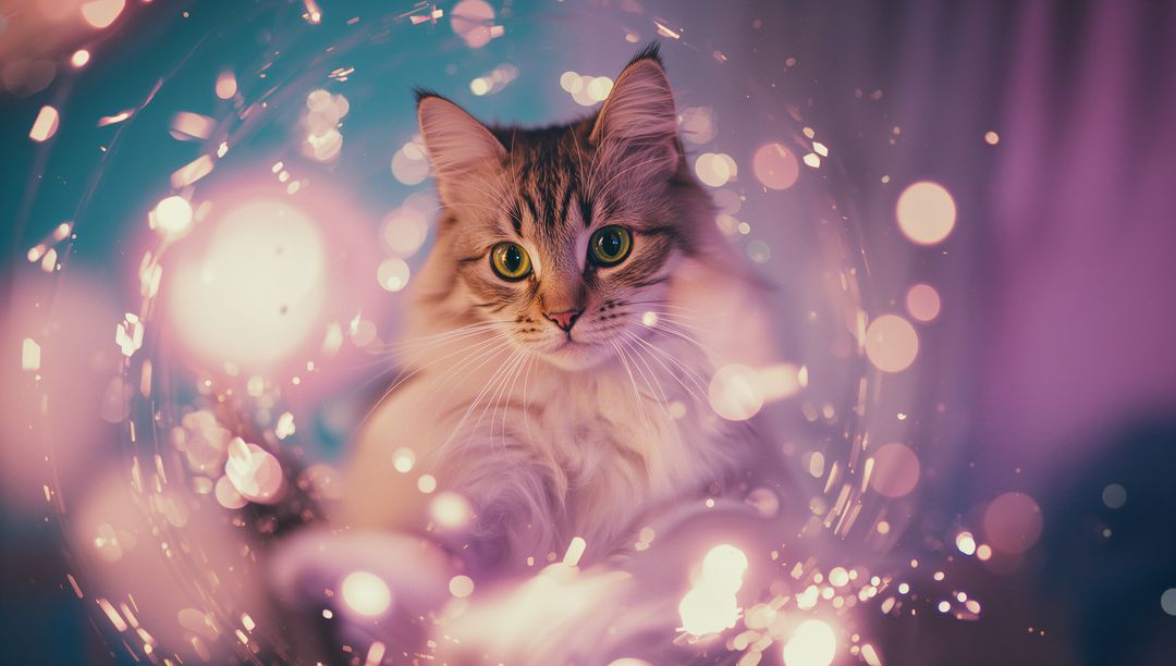 Long-Haired Tabby Cat Surrounded by Magic Light Orbs and Sparkles