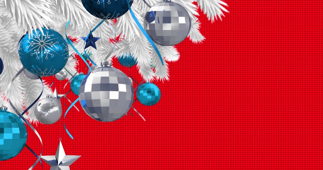 Festive Christmas Baubles on Red Background with Snow