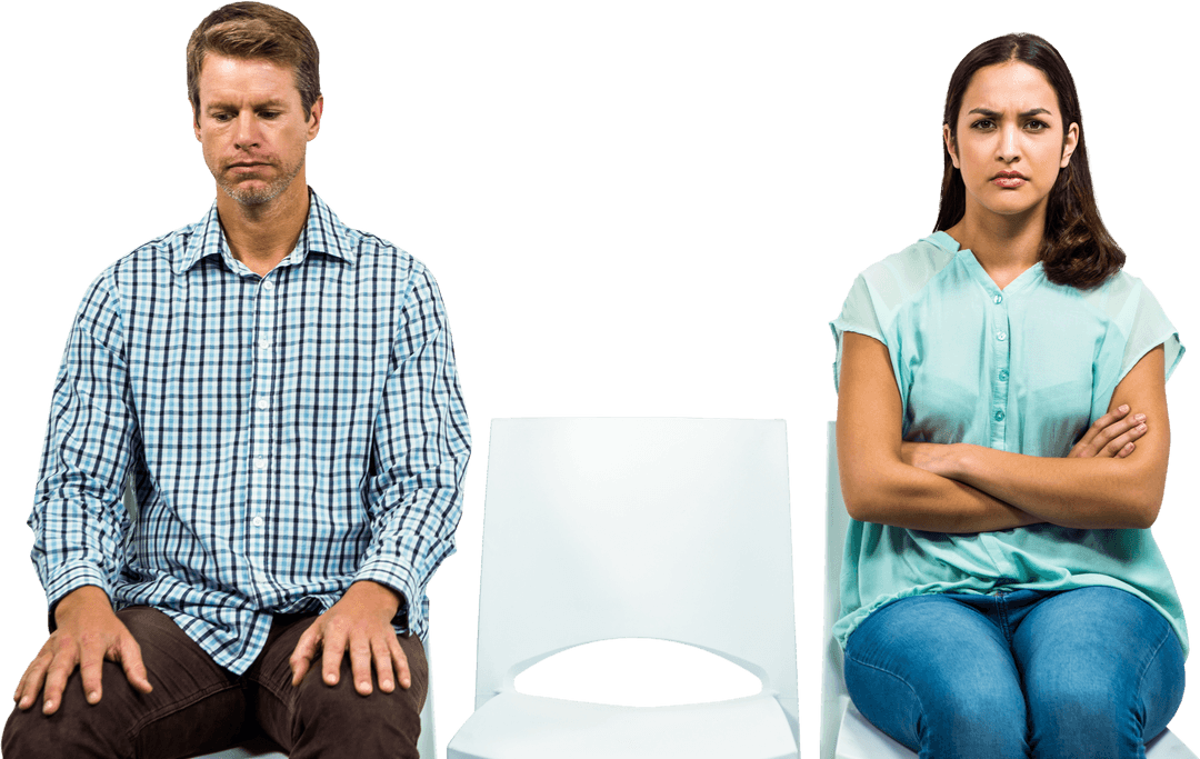 Upset Couple Seated with Empty Chair; Transparent Background