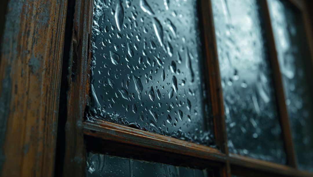 Raindrops on Vintage Wooden Window, Creating Reflective Mood