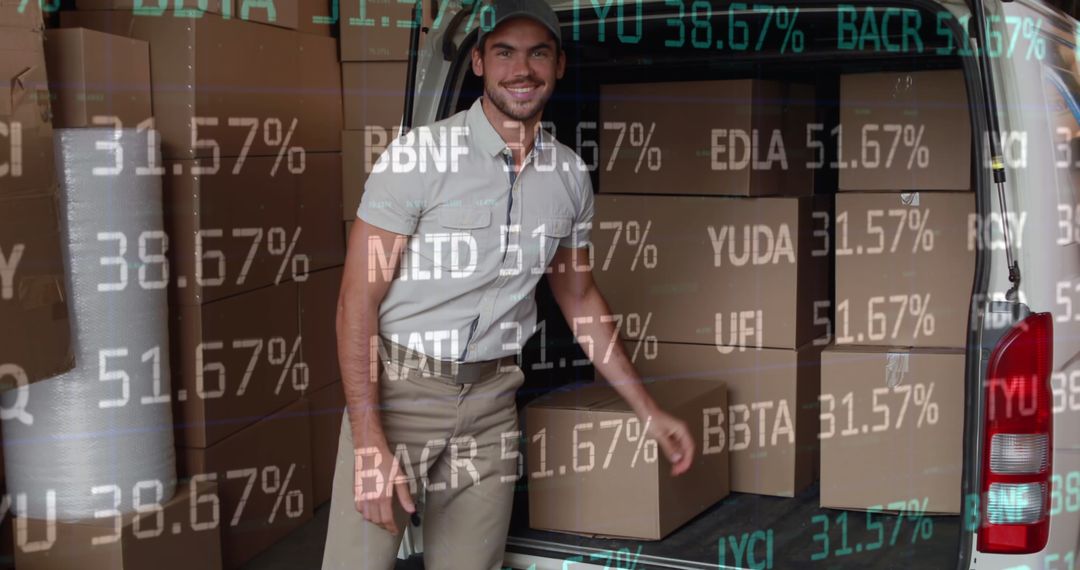 Courier Loading Parcel into Van with Digital Data Overlay