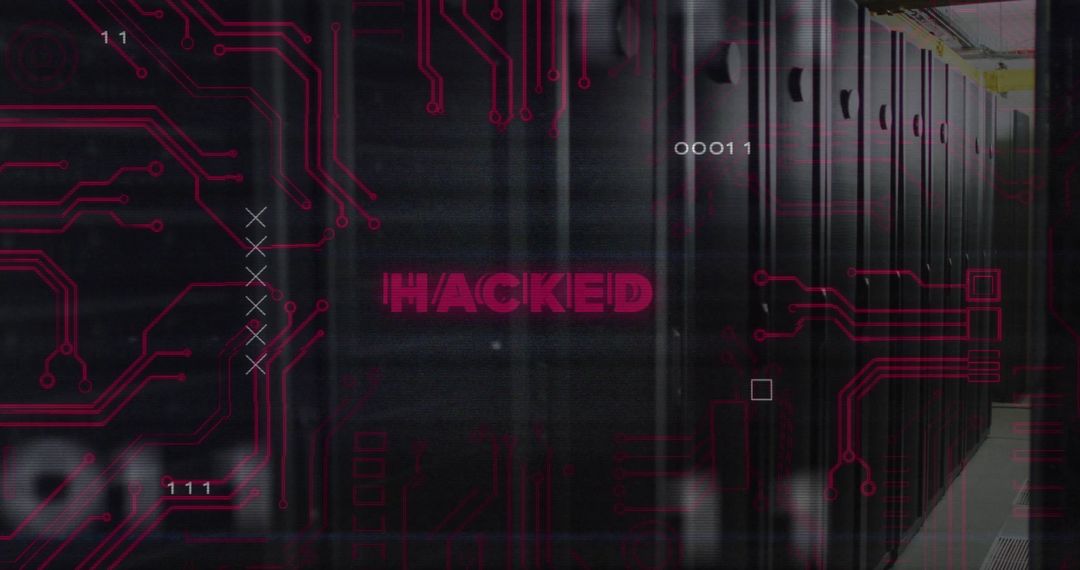 Cybersecurity Breach in Server Room with Digital Interface Elements