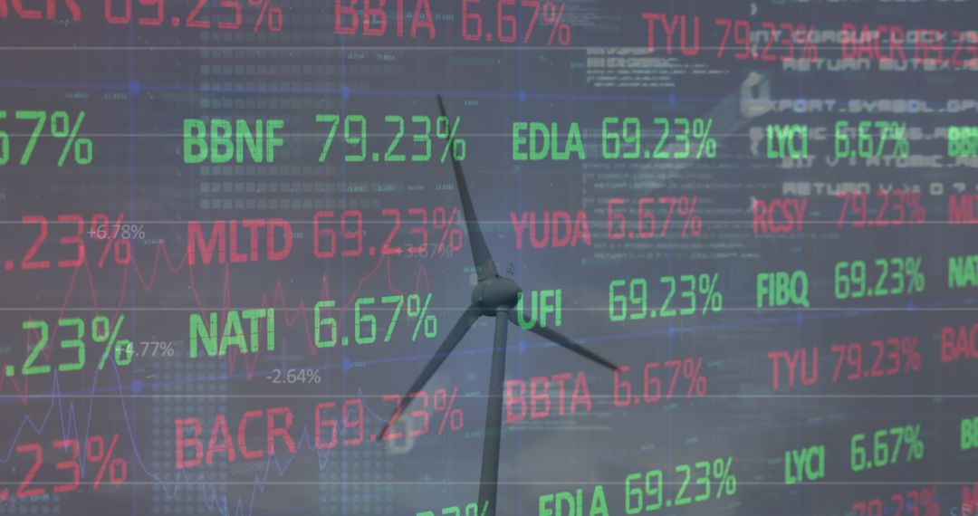 Stock Market Data Overlay with Wind Turbine in Motion