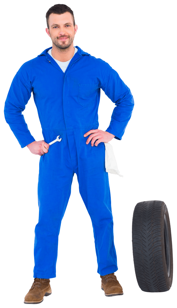 Transparent Background Male Mechanic Standing with Tire and Wrench