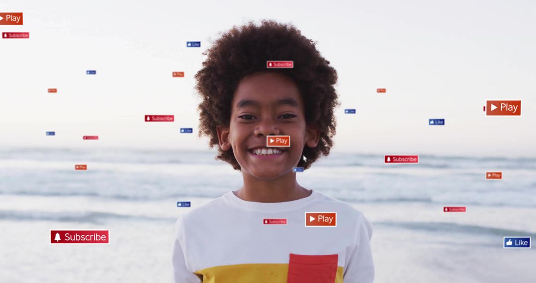 Happy Child Interacting with Social Media by the Ocean