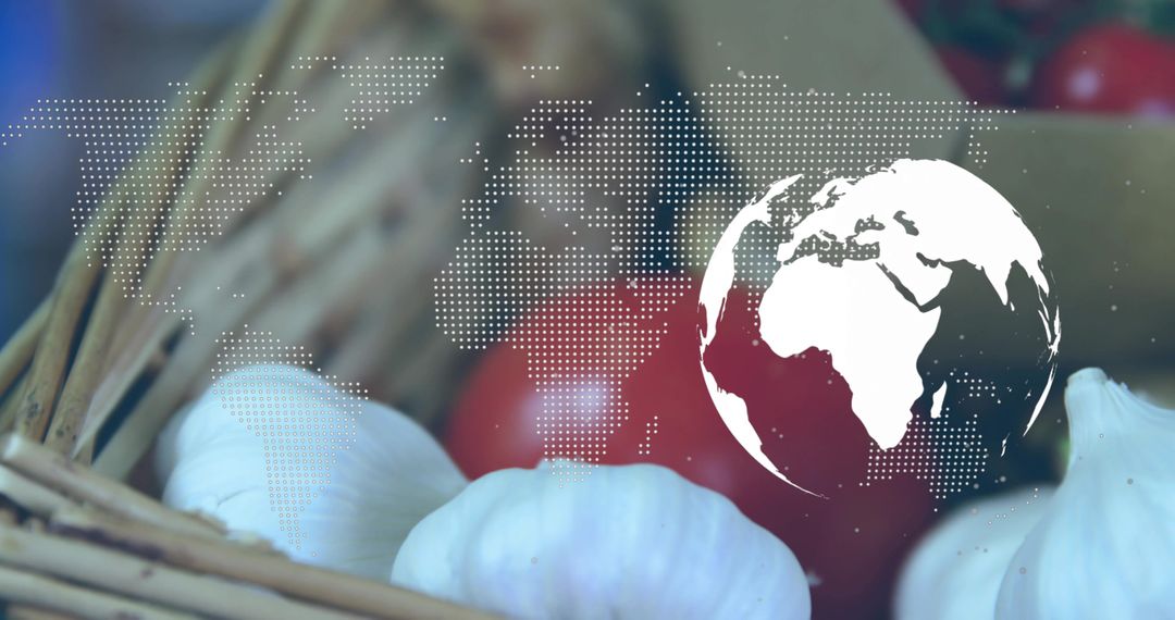 Showing garlic and tomatoes in wicker basket with globe and dotted world map overlay