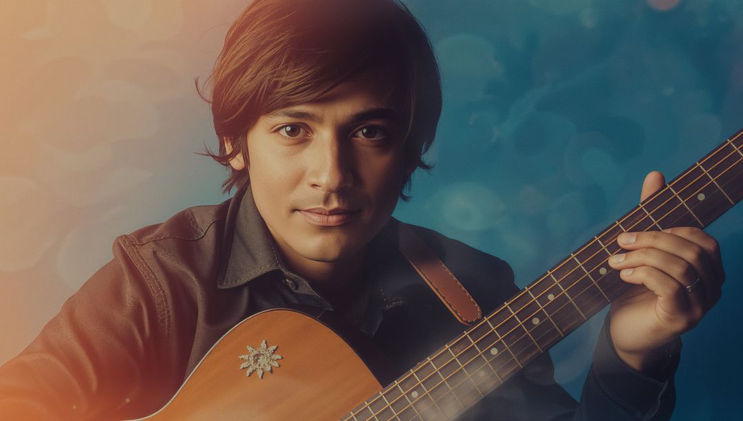 Asian musician holding acoustic guitar in studio with star inlay
