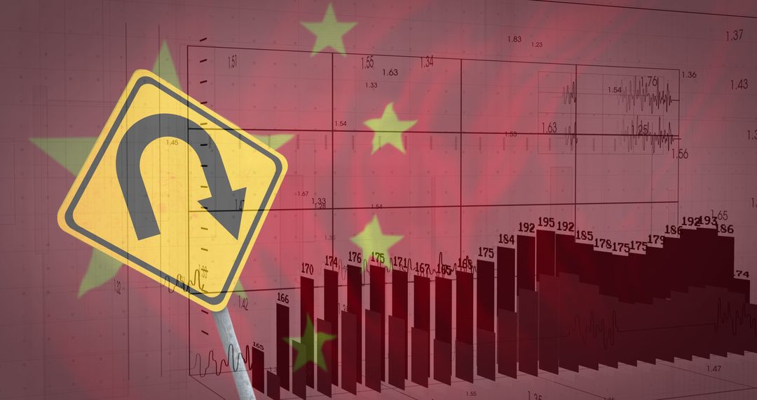 Financial Data and U-Turn Sign with China Flag Backdrop