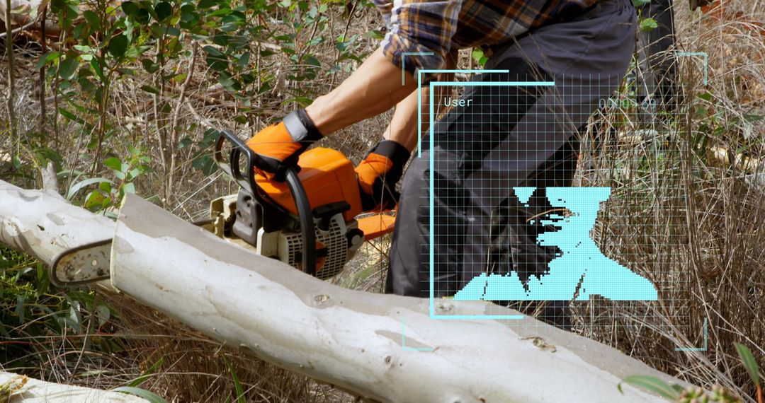 Modern Lumberjack Using Chainsaw with Digital Technology Interface