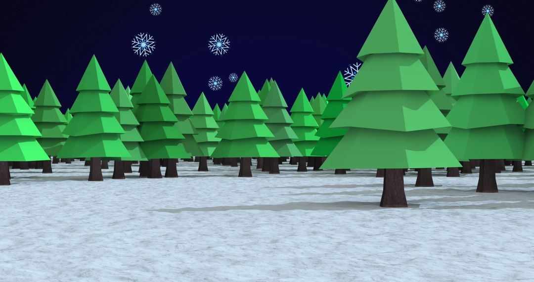 Snow Falling Over Vibrant Fir Trees in Winter Scene