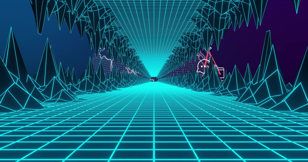Futuristic Wireframe Tunnel with Small Vehicle Silhouette