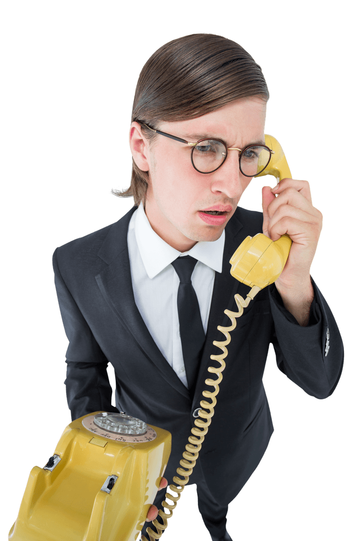 Transparent Geeky Businessman on Vintage Telephone