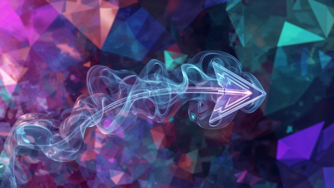 Glowing smoked curved arrow in vibrant polygonal digital art