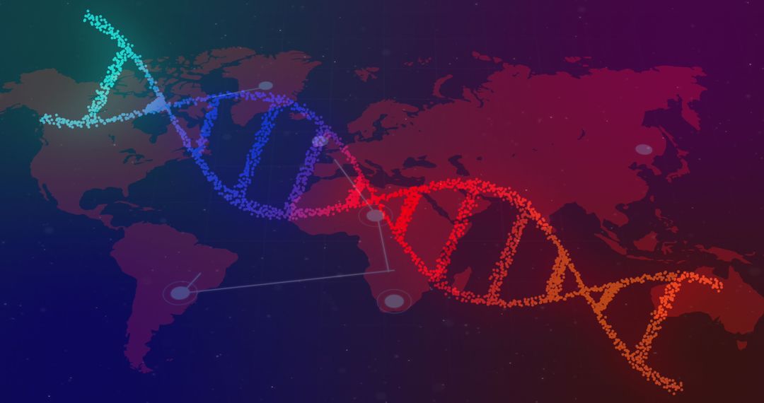 DNA Helix with Global Connections on World Map Background