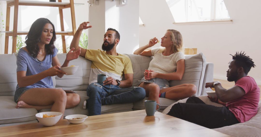 Friends Relaxing Together at Home Enjoying Snacks and Conversations