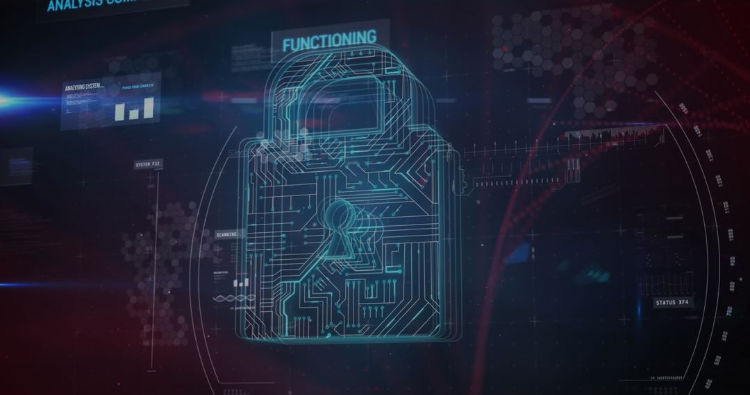 Futuristic Padlock Circuit Hologram Highlighting Cybersecurity