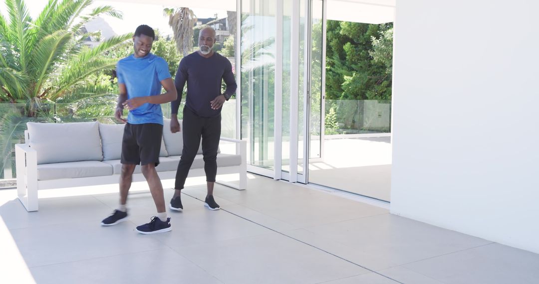 Father and Son Dynamic Exercise on Sunny Patio