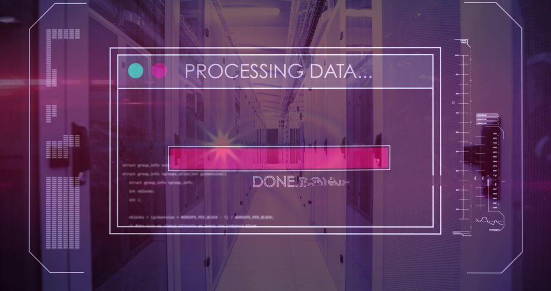 Processing Data HUD Overlay in Neon Datacenter Aisle with Magenta Progress Bar