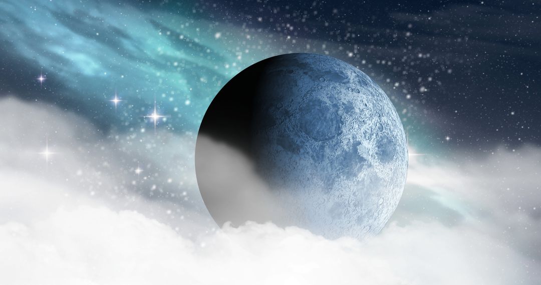 Mystical Planet with Stars and Clouds in Cosmos