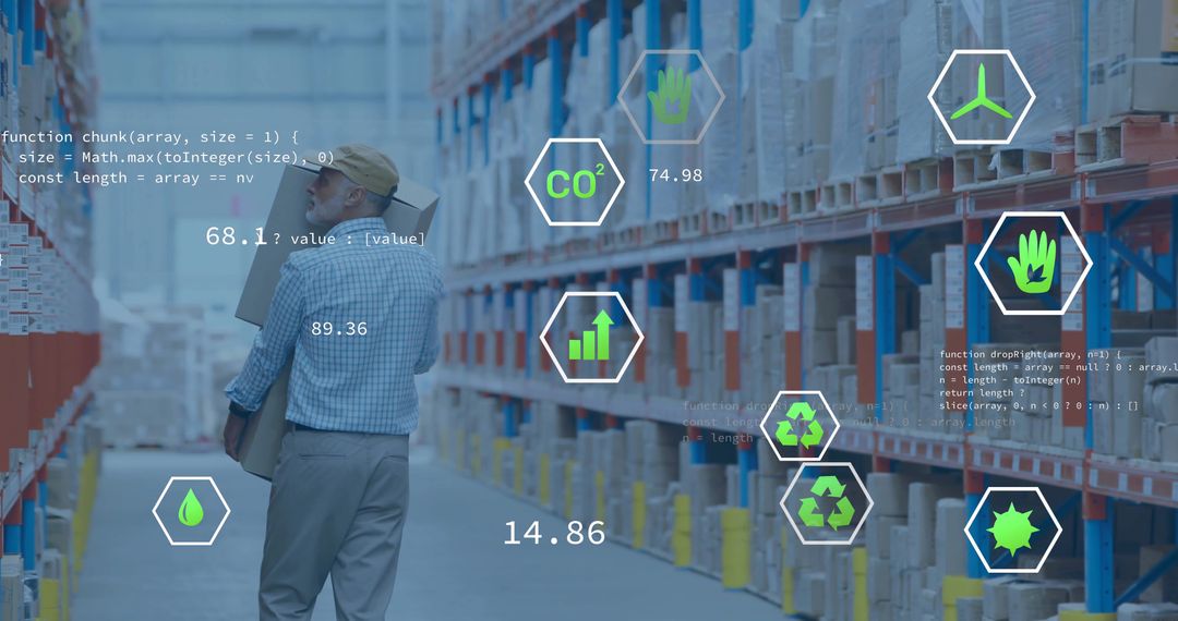 Warehouse Worker Holding Boxes with AR Logistics HUD Displaying Inventory CO2 Recycling