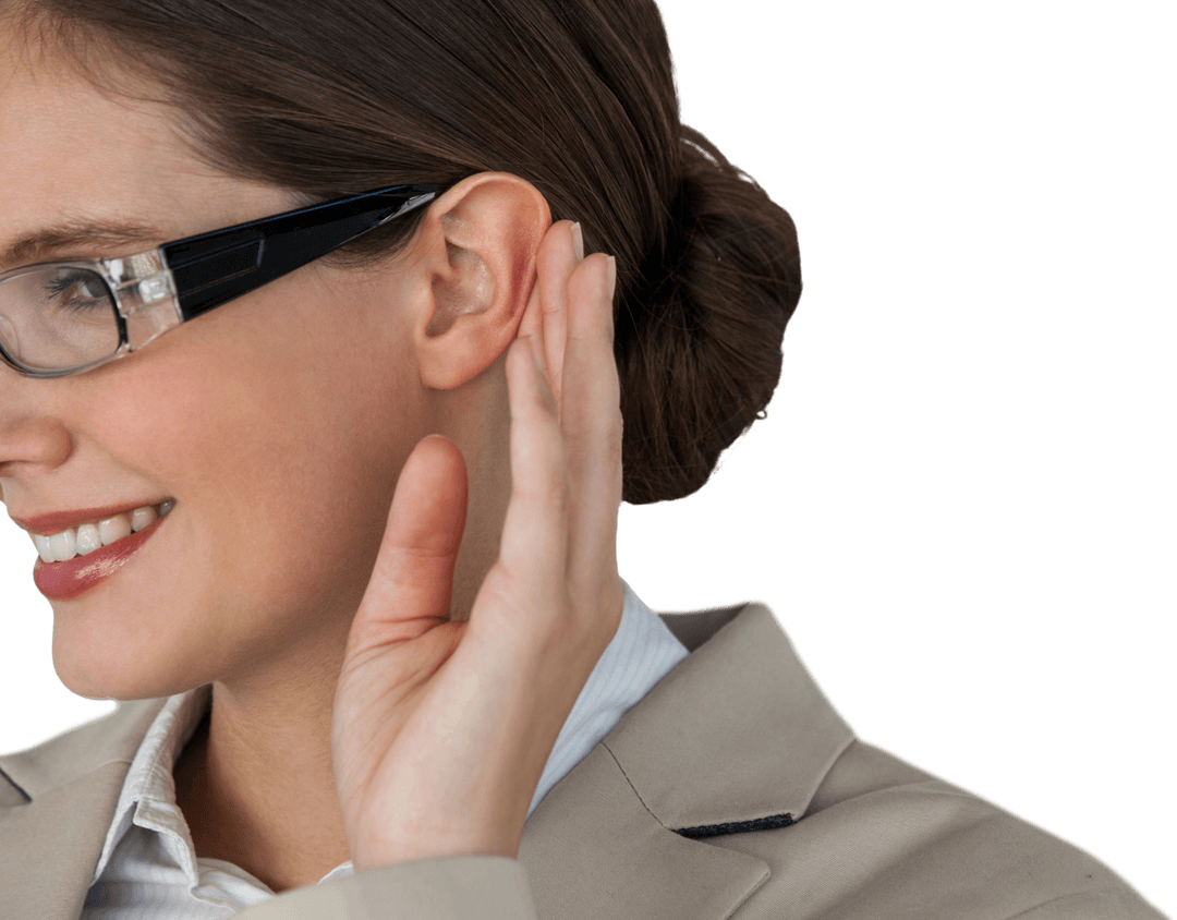 Woman Listening with Attention, Glasses and Transparent Background