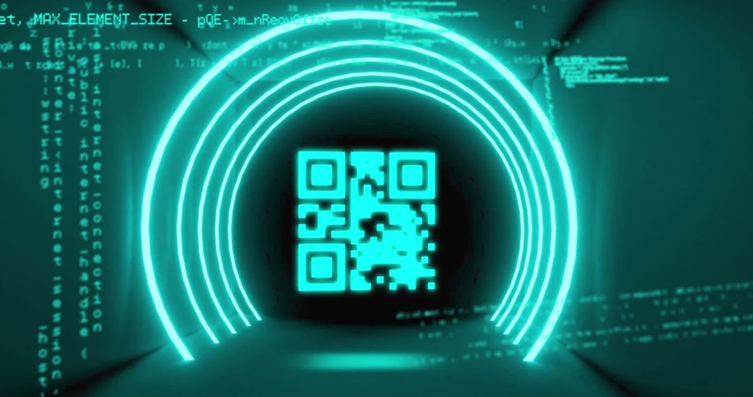 Glowing QR Code in Futuristic Digital Tunnel
