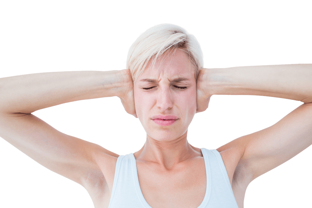 Upset Woman Covering Ears with Transparent Background