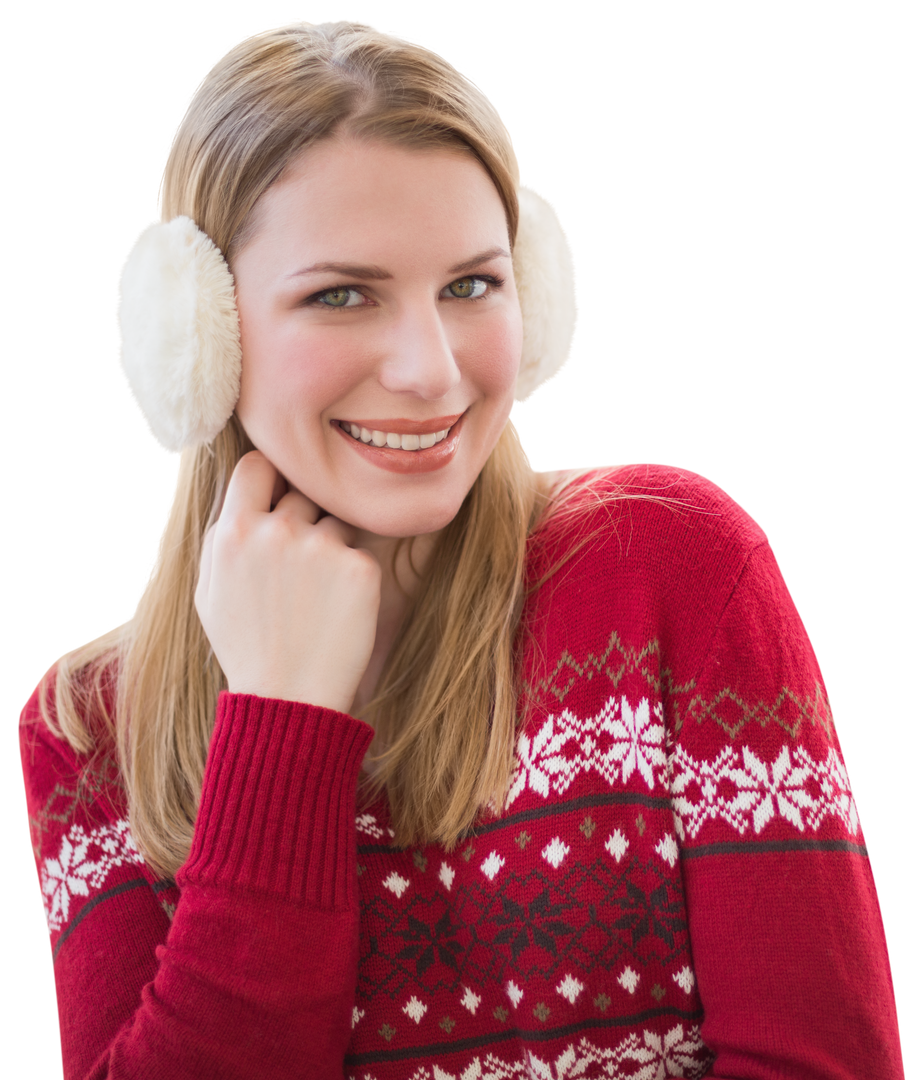 Smiling Woman in Winter Sweater with Earmuffs on Transparent Background - Download Free Stock Images Pikwizard.com