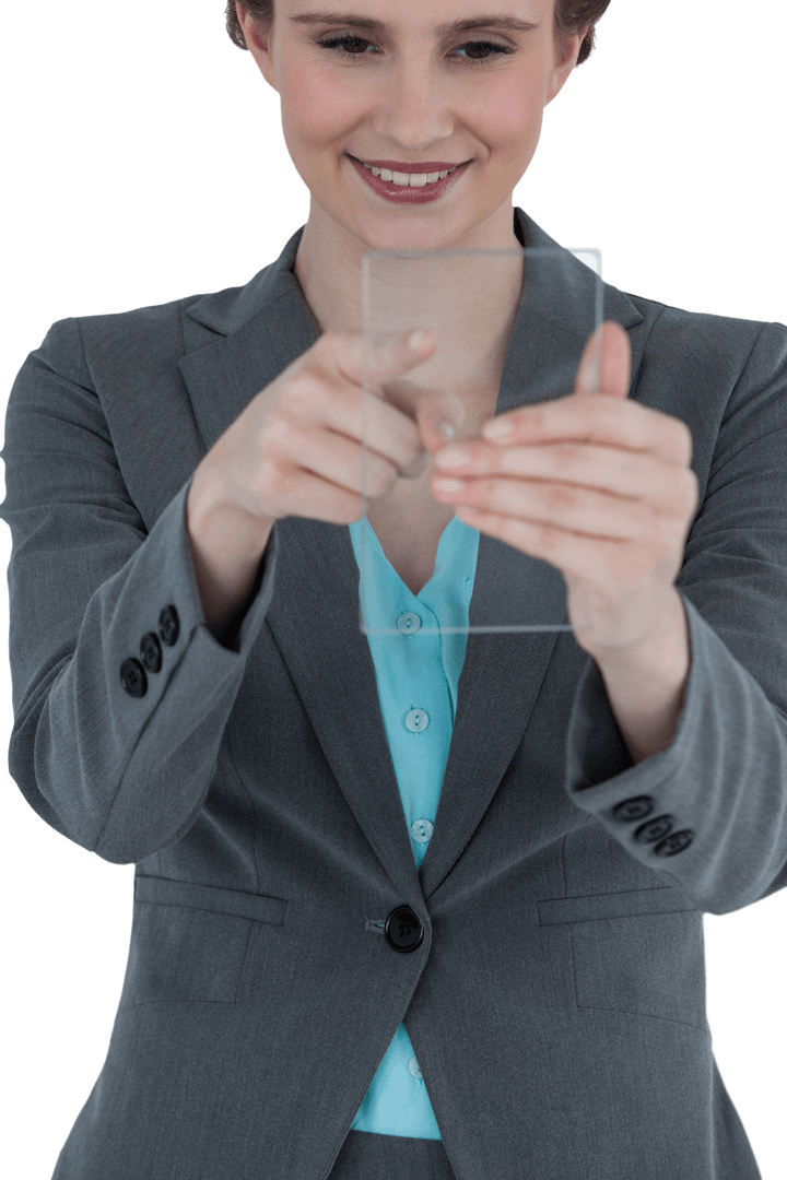 Businesswoman Interacting with Transparent Innovative Device