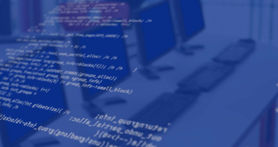Digital Code Overlaying Empty Office Workspace Environment