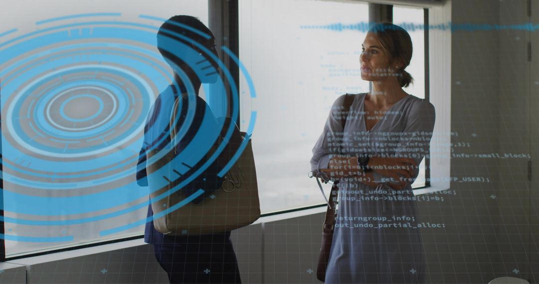 Healthcare Professionals in Office with Futuristic Code Overlay