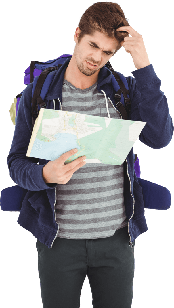 Confused Traveler Scratching Head Holding Map Transparent Background