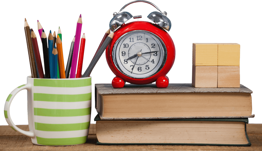 Transparent Education Essentials: Clock, Books, and Colored Pencils