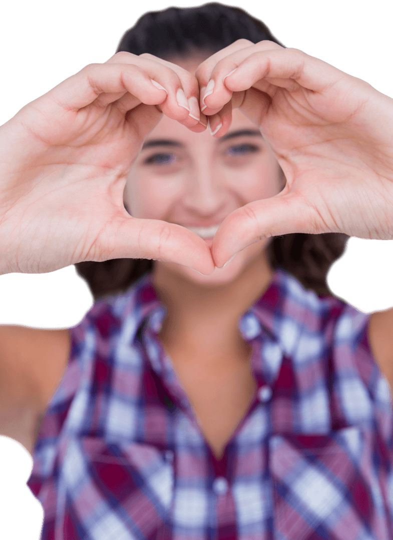 Smiling Woman Framing Heart with Hands on Transparent Background