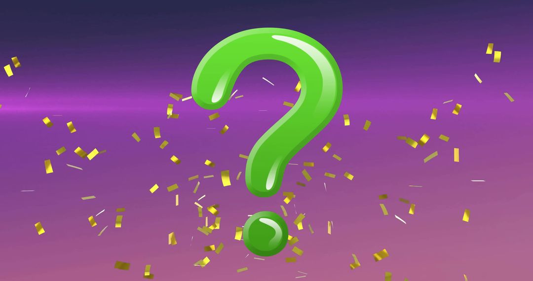 Glowing Green Question Mark with Golden Confetti Celebration