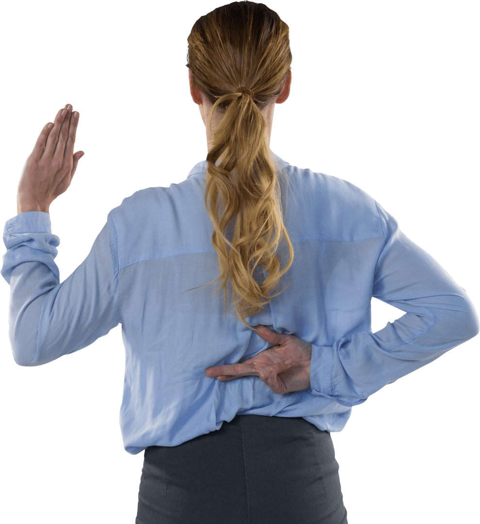 Transparent Businesswoman Pretending Truth with Finger Crossed Behind Back