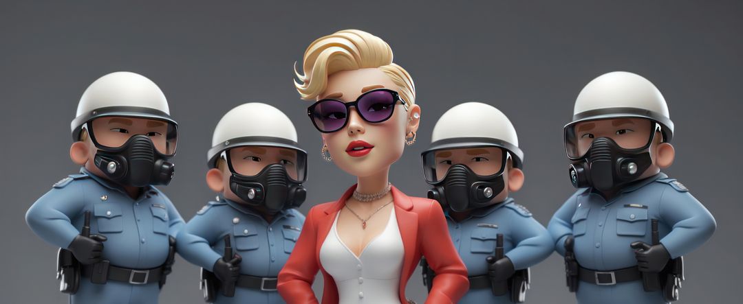 Stylized fashion icon in red blazer with bodyguards