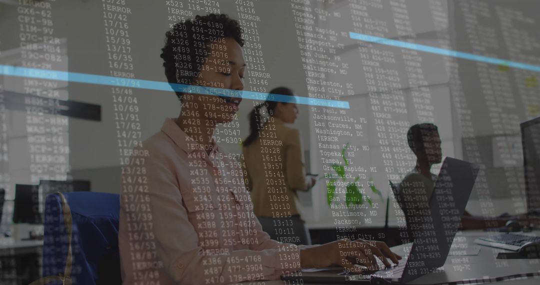 Middle-aged woman typing at workstation with translucent data overlay and analytics