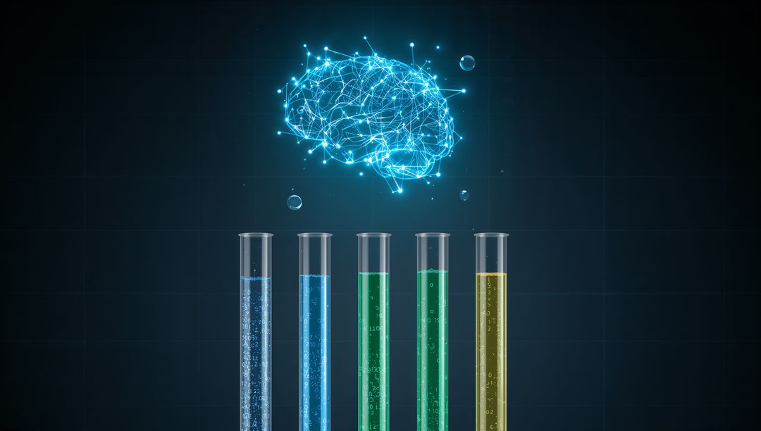 Neural hologram brain floating over five bubbling test tubes with glowing colored liquids