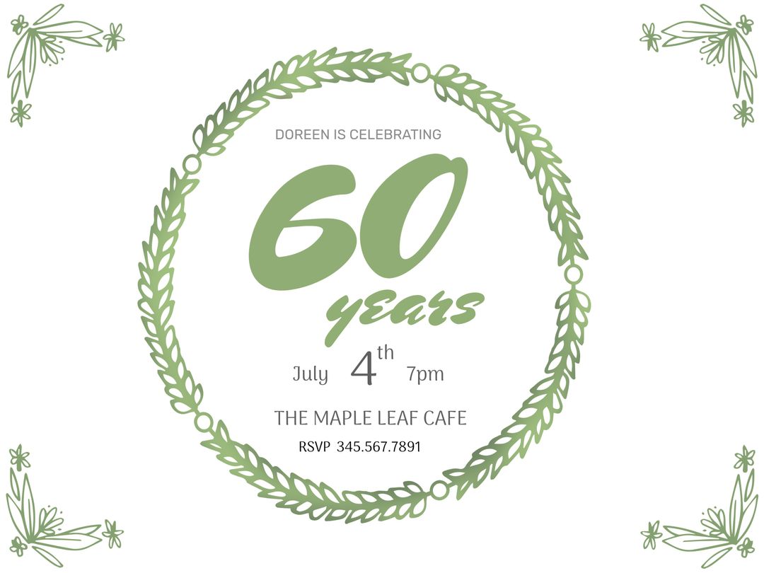 60th Celebration Invitation with Green Leaf Wreath Design