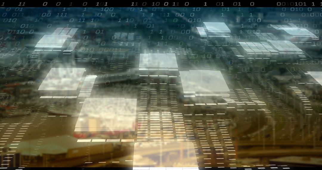 Futuristic Digital Interface Over Urban Landscape with Binary Stream