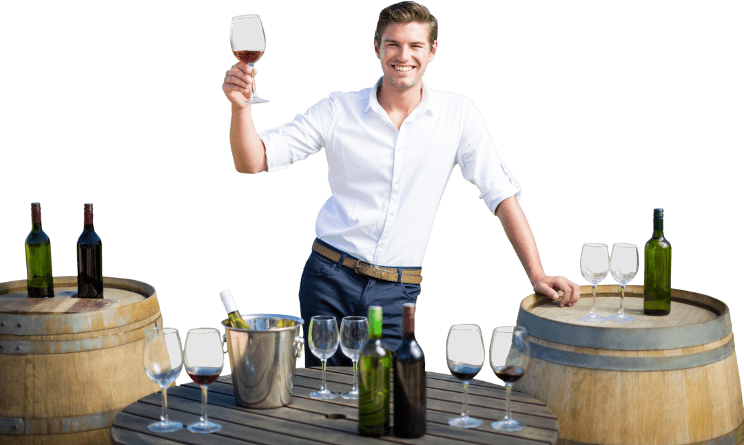 Smiling man with wine glass near rustic wine barrels transparent scene
