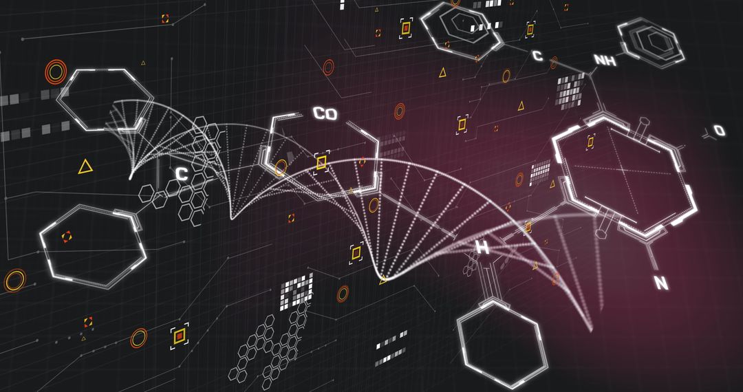 DNA Strand with Chemical Structures and Data Overlay