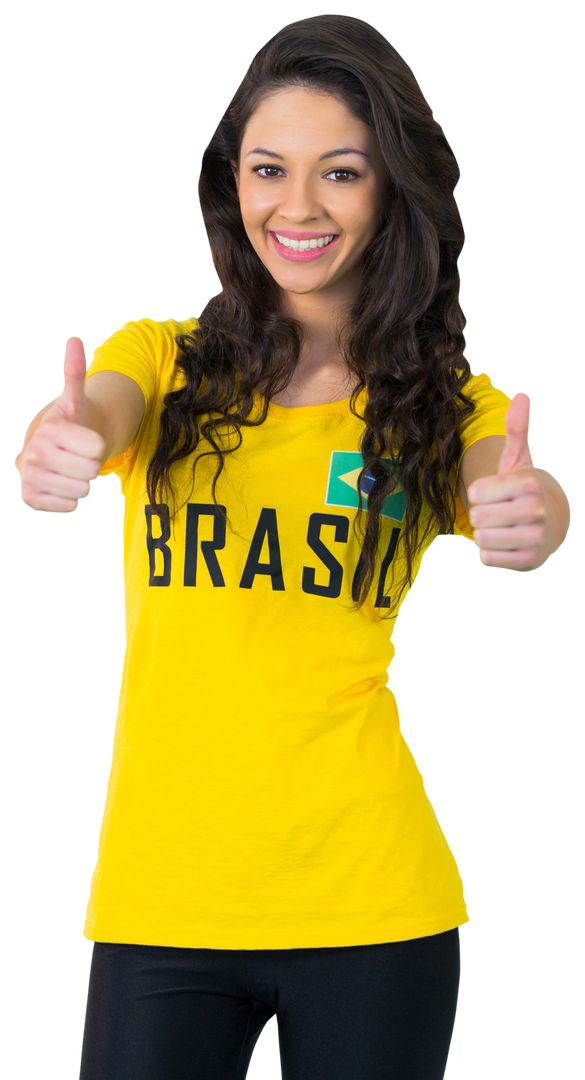 Smiling Woman in Brasil T-shirt Giving Thumbs Up Highlights Transparent Background - Download Free Stock Images Pikwizard.com