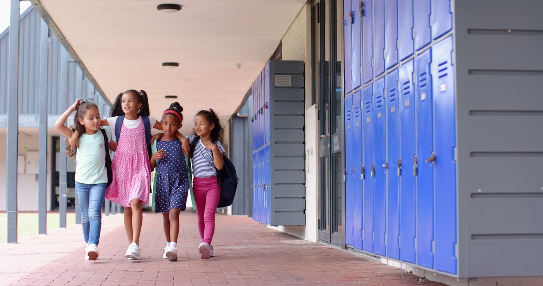 Diverse Group of Students Walking in School Hallway with Backpacks