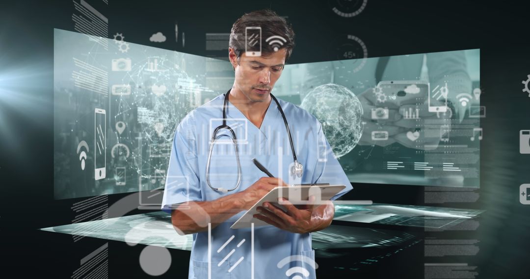 Doctor Analyzing Healthcare Data Surrounded by Futuristic Technology
