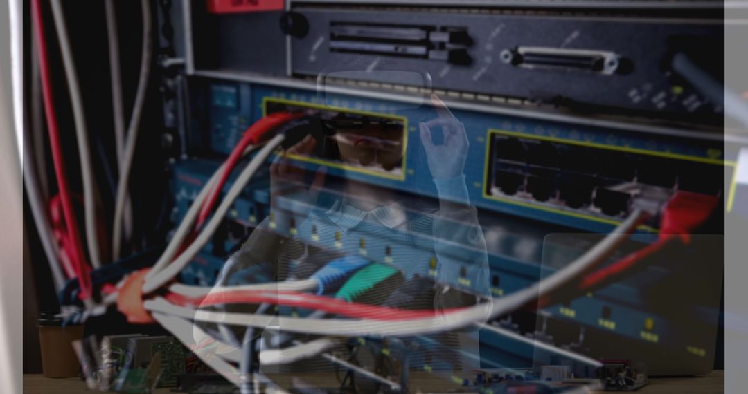 Woman Using VR Headset in Server Room Depicting Digital Future