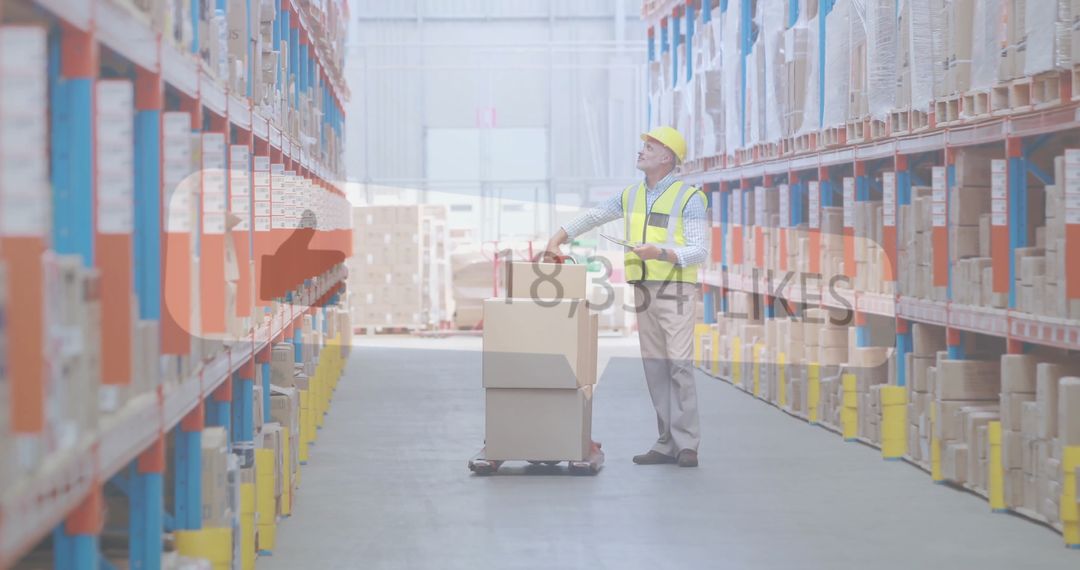 Warehouse Worker Moving Boxes on Pallet Truck for Supply Chain Management
