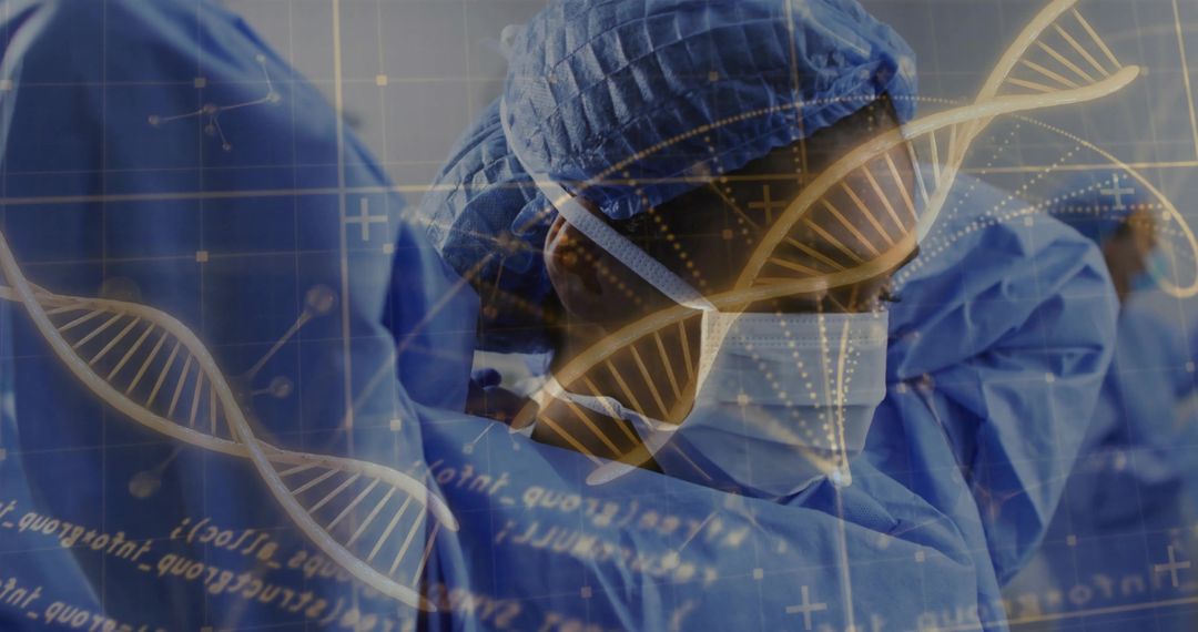Surgical Team in Operating Room with DNA Helix Overlay